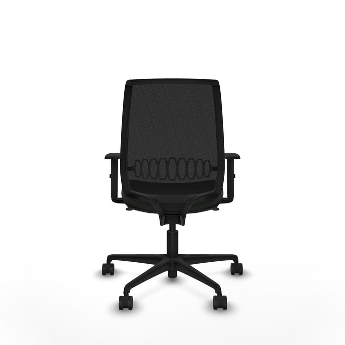 Silla de oficina Alares con mecanismo Sincro tapizada con Tela color Negro. Equipada con lumbar 1D, Brazos 1D y Ruedas 65mm nailon
