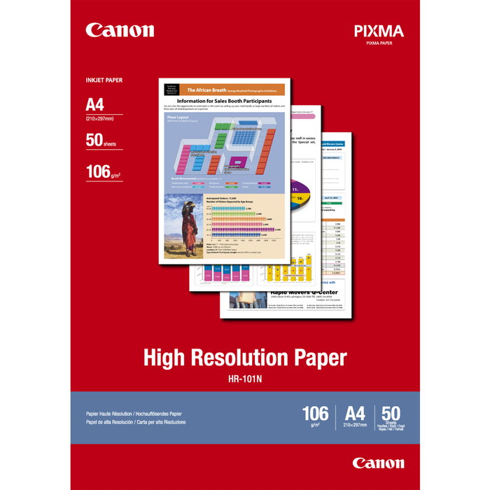Canon HR-101 Papel de Alta Resolución A4, 50 Hojas, 106g/m² Canon HR-101 Papel de Alta Resolución A4, 50 Hojas, 106g/m²