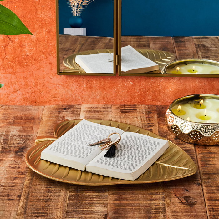 Home Deco Factory Bandeja Hoja Madera Dorada