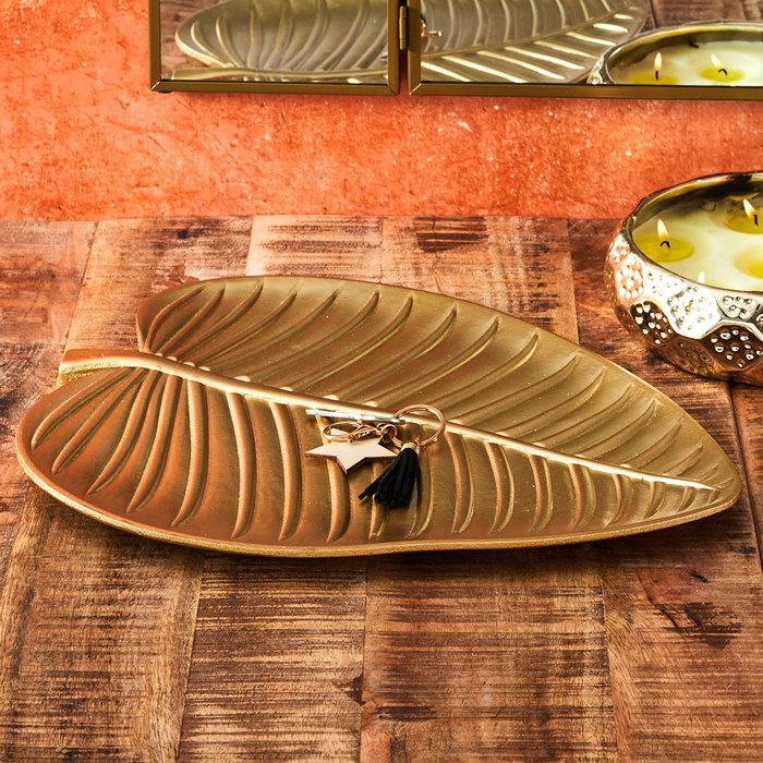 Home Deco Factory Bandeja Hoja Madera Dorada