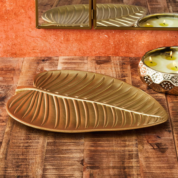 Home Deco Factory Bandeja Hoja Madera Dorada