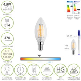MAURER Bombilla LED Filamento Vela E14 4,5W Luz Neutra