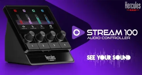 Hercules Stream 100 Controlador de Audio para Livestreams con Pantalla LCD e Intuitivo Manejo de Sonido