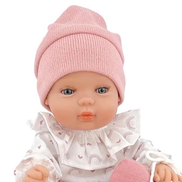 Berjuan Muñeco Baby Smile Niña con Gorro Rosa y Cuerpo de Vinilo Articulado. 30 cm