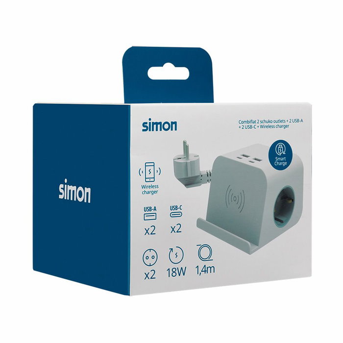 Simon Base Combiflat Blanco, Base de Pared 2 Tomas Schuko 16A 250V + 2 USB-A + 2 USB-C + Carga Inalámbrica 10W con Soporte, Cable 1.4m (100x93x70 mm)