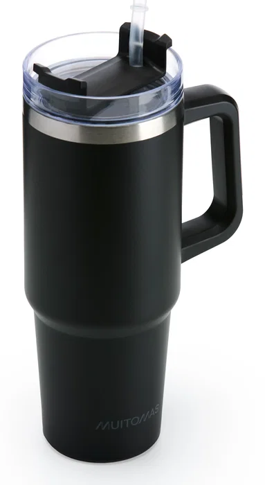 Muitomas TRAVELMUG900BK Taza de viaje con asa 900 ml negro, acero inoxidable de doble pared a prueba de fugas