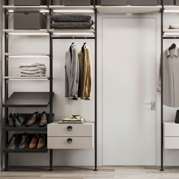 Emuca Kit de soportes para 1 estante de madera, 1 módulo y 1 barra de colgar de longitud 1m Zero, Zamak, Pintado color negro texturizado