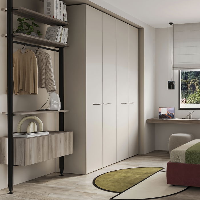 Emuca Kit de soportes para 1 estante de madera, 1 módulo y 1 barra de colgar de longitud 1m Zero, Zamak, Pintado color negro texturizado