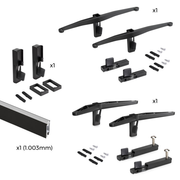 Emuca Kit de soportes para 1 estante de madera, 1 módulo y 1 barra de colgar de longitud 1m Zero, Zamak, Pintado color negro texturizado