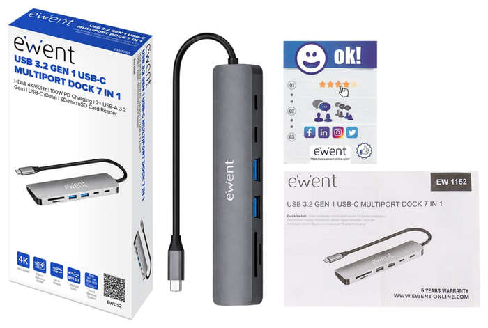 EWENT Docking Station 7 en 1 USB-C EW1152 HDMI 4K 100W Gris