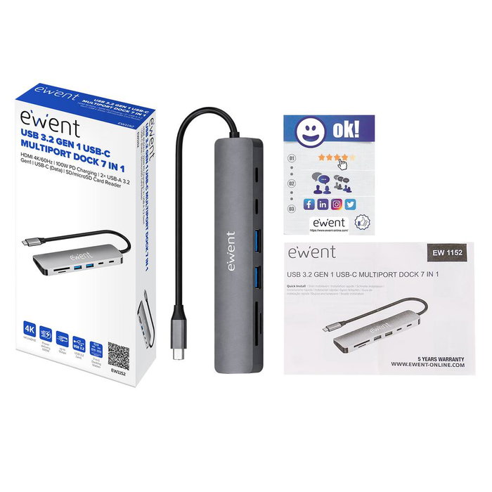 Ewent Ew1152 Docking Station USB-C 7 en 1 Hub Multipuerto con HDMI 4K @60Hz, PD 100W, USB-A 3.2, Lector de Tarjetas SD para Portátil y Smartphone