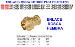 Accesorio de latón con rosca exterior y enlace de rosca hembra 20-1/2 para polietileno ALREERH2012
