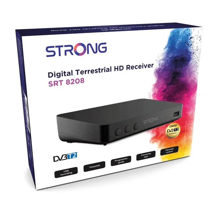 Strong Receptor Digital TDT SRT 8208 HD con DVB-T2, HEVC H.265, Ethernet, USB para Grabar, Grabación en Directo, EPG 7 Días, Salida HDMI, Negro