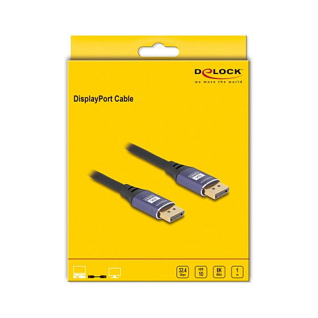 DeLOCK Cable DisplayPort 1.4 8K 60Hz (7680x4320) HBR3 32.4 Gbit/s, Conectores Macho-Macho, 240Hz, Blindaje Magnético 3 Capas, 1m, Negro y Lila