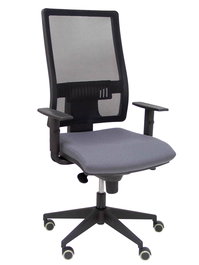 Silla de oficina Horna con mecanismo Sincro tapizada con Tela color Gris oscuro y malla color Negro. Equipada con lumbar 1D, Brazos 1D y Ruedas de parqué