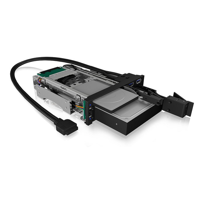 ICY BOX IB-174SSK-U Bandeja para Discos Duros SATA/SAS, 1x 2.5" + 1x 3.5" a 2x SATA, para Bahía de 5.25", Hot-Swap, Aluminio Negro