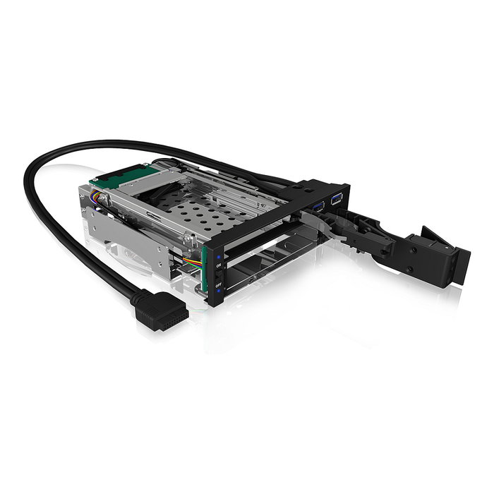 ICY BOX IB-174SSK-U Bandeja para Discos Duros SATA/SAS, 1x 2.5" + 1x 3.5" a 2x SATA, para Bahía de 5.25", Hot-Swap, Aluminio Negro