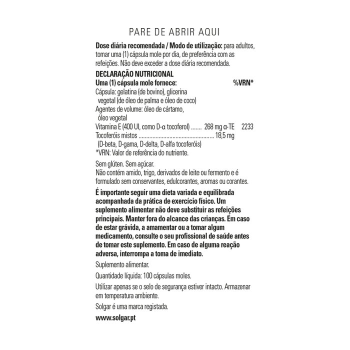 Solgar Vitamina E 400 UI 100 Cápsulas Blandas