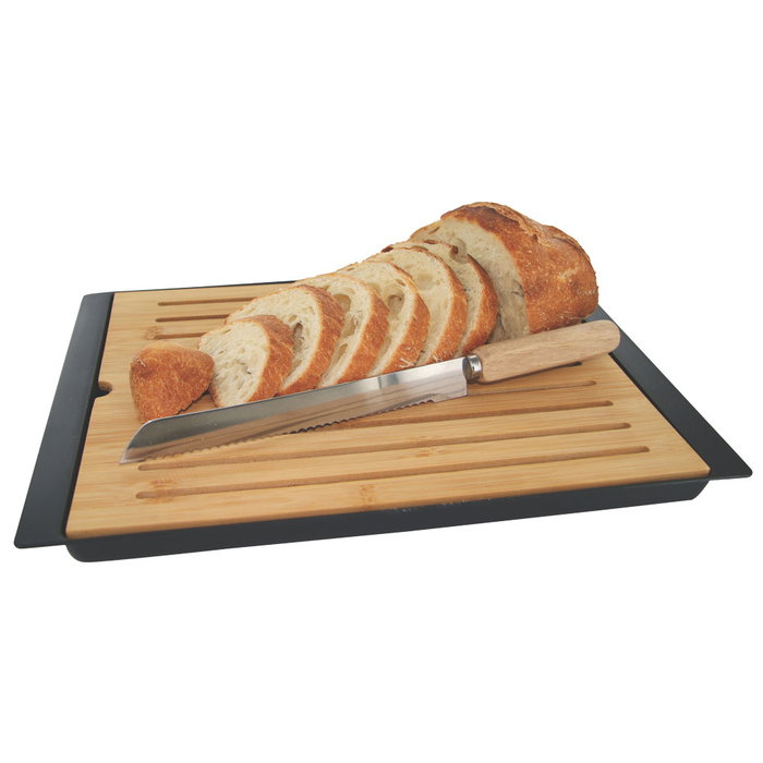 Totally Addict Tabla de Pan con Cuchillo y Bandeja Recoge-migas, Madera, 27x38 cm
