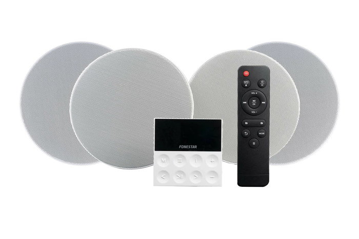 Fonestar KS-WALL-4 Kit Sistema de Audio para Techo/Casa, Minicadena Amplificador de Pared Estéreo 50W, 4 Altavoces, Bluetooth, USB, FM, Aux, Control Remoto, Negro/Gris/Blanco