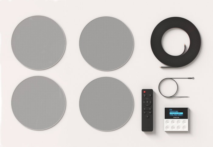 Fonestar KS-WALL-4 Kit Sistema de Audio para Techo/Casa, Minicadena Amplificador de Pared Estéreo 50W, 4 Altavoces, Bluetooth, USB, FM, Aux, Control Remoto, Negro/Gris/Blanco