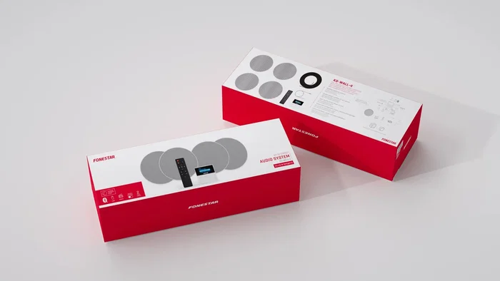 Fonestar KS-WALL-4 Kit Sistema de Audio para Techo/Casa, Minicadena Amplificador de Pared Estéreo 50W, 4 Altavoces, Bluetooth, USB, FM, Aux, Control Remoto, Negro/Gris/Blanco