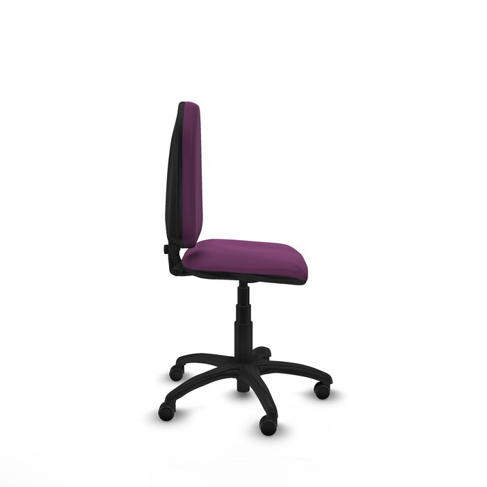 Silla de oficina Aýna con mecanismo Contacto permanente básico tapizada con Similpiel color Morado. Equipada con Base poliamida negra, Sin brazos y Ruedas de parqué