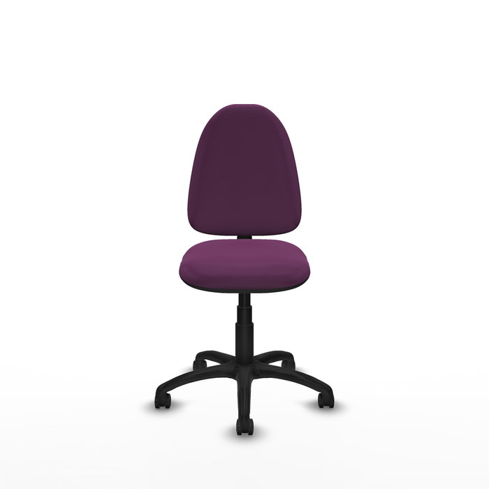 Silla de oficina Aýna con mecanismo Contacto permanente básico tapizada con Similpiel color Morado. Equipada con Base poliamida negra, Sin brazos y Ruedas de parqué