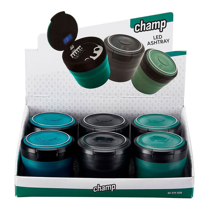 Champ - Cenicero Redondo con LED y Tapa, Colores Surtidos, Ø8 x 7 cm, Expositor 6 Unidades Champ - Cenicero Redondo con LED y Tapa, Colores Surtidos, Ø8 x 7 cm, Expositor 6 Unidades