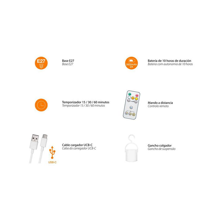 Cristalrecord Bombilla LED Recargable USB E27 6W 500LM 3CCT (3000K-4000K-6000K) Dimmable, Autonomía 10H, Incluye Mando a Distancia y Cable USB-C, Color Blanco