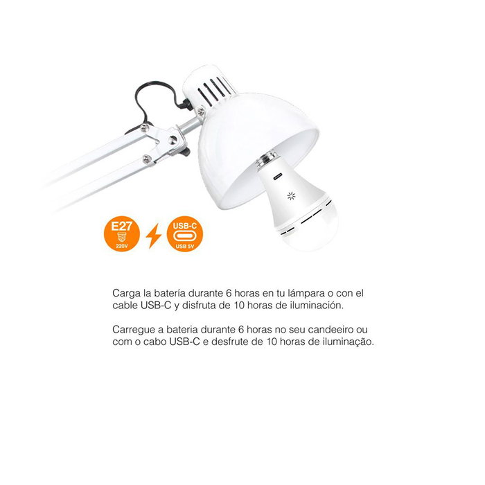 Cristalrecord Bombilla LED Recargable USB E27 6W 500LM 3CCT (3000K-4000K-6000K) Dimmable, Autonomía 10H, Incluye Mando a Distancia y Cable USB-C, Color Blanco