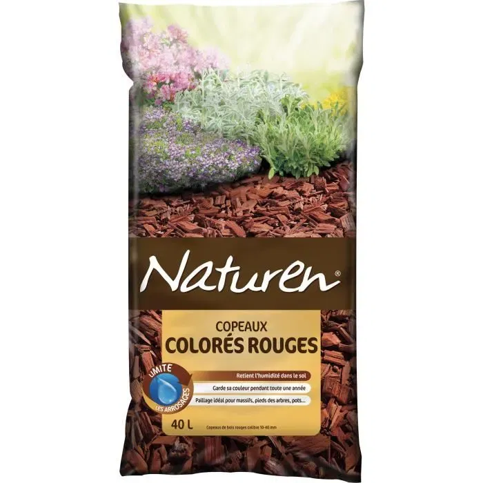Naturen Virutas de Color Rojo - 40L, Acolchado Natural para Jardinería, Retiene Humedad y Protege Cultivos