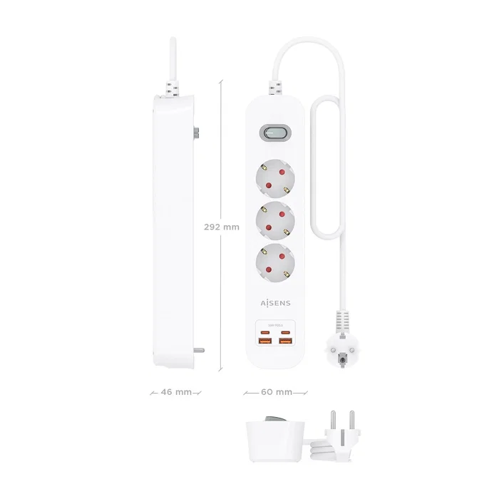 AISENS Regleta de Enchufes Multifunción 3 Tomas + Cargador PD3.0 20W Blanco