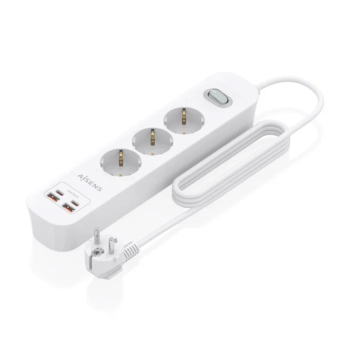AISENS Regleta de Enchufes Multifunción 3 Tomas + Cargador PD3.0 20W Blanco
