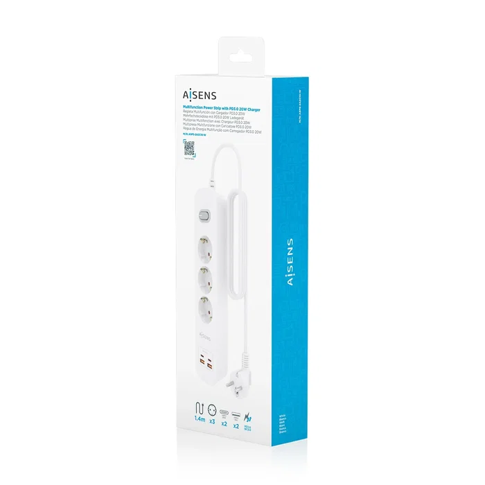 AISENS Regleta de Enchufes Multifunción 3 Tomas + Cargador PD3.0 20W Blanco