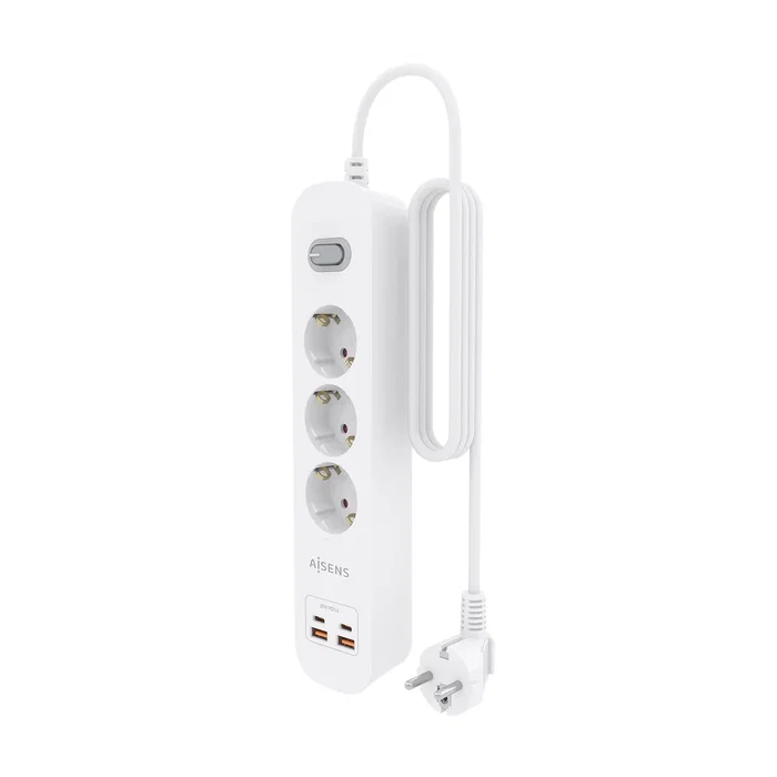 AISENS Regleta de Enchufes Multifunción 3 Tomas + Cargador PD3.0 20W Blanco