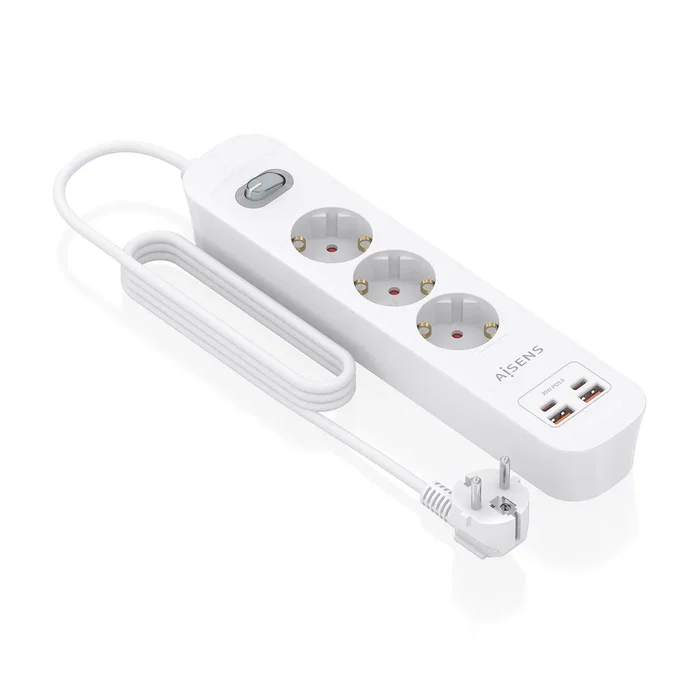 AISENS Regleta de Enchufes Multifunción 3 Tomas + Cargador PD3.0 20W Blanco