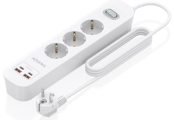 AISENS Regleta de Enchufes Multifunción 3 Tomas + Cargador PD3.0 20W Blanco