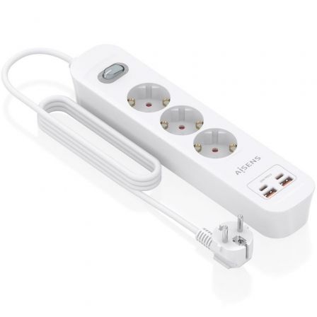 Aisens Regleta con Interruptor ASPS-2A2C10-W, 3 Tomas Schuko, Cargador USB-C 20W PD3.0 QC3.0 (2x USB-C, 2x USB-A), Cable 1.4m, Protección Infantil, Blanco