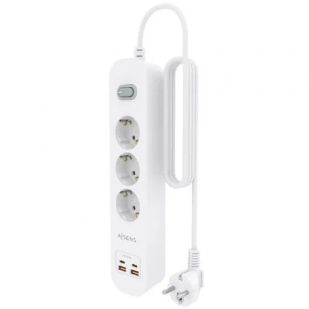 Aisens Regleta con Interruptor ASPS-2A2C10-W, 3 Tomas Schuko, Cargador USB-C 20W PD3.0 QC3.0 (2x USB-C, 2x USB-A), Cable 1.4m, Protección Infantil, Blanco