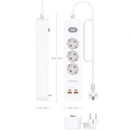 Aisens Regleta con Interruptor ASPS-2A2C10-W, 3 Tomas Schuko, Cargador USB-C 20W PD3.0 QC3.0 (2x USB-C, 2x USB-A), Cable 1.4m, Protección Infantil, Blanco