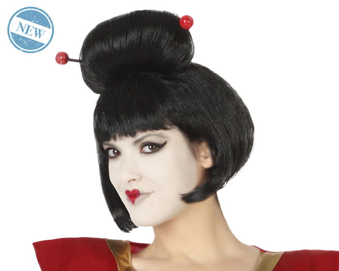 Peluca Geisha Morena con Moño Alto y Palillos Decorativos - Ideal para Disfraces Temáticos y Festivales Culturales Peluca Geisha Morena con Moño Alto y Palillos Decorativos - Ideal para Disfraces Temáticos y Festivales Culturales