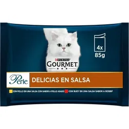 Purina Gourmet Perle Delicias en Salsa para Gato - 12 paquetes de 4 sobres de 85g, Pollo y Buey