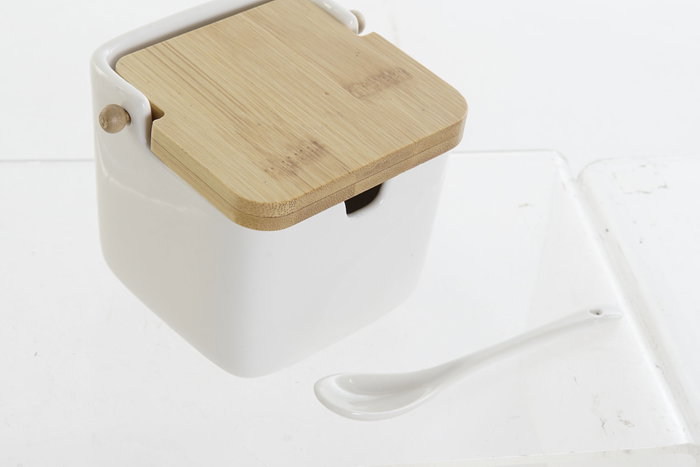 DKD Home Decor Azucarero de Porcelana y Bambú Cassic Porcelain Blanco y Natural