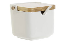 DKD Home Decor Azucarero de Porcelana y Bambú Cassic Porcelain Blanco y Natural