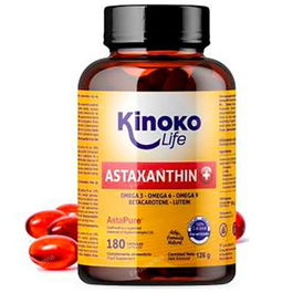 KINOKO LIFE Astaxantina Plus 180 Cap. con Aceite de Oliva Virgen Extra, Omega 3-6-9, Luteína y Betacaroteno, Suplemento Natural