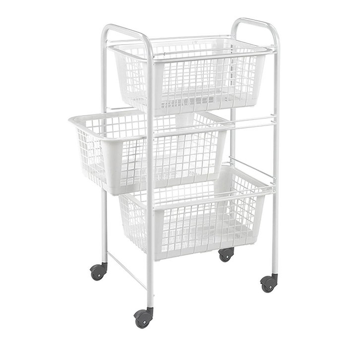 Metaltex San Diego - Carrito Auxiliar Multiusos de Metal con 3 Cestos Extraíbles, 4 Ruedas, Color Blanco, 30 x 38 x 68 cm