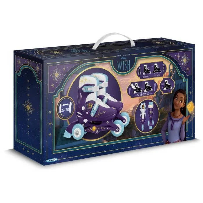 Patines en Línea Dos en Uno - DISNEY - WISH - 3 Ruedas - Tri skate y Roller en lino - Talla ajustable 27-30
