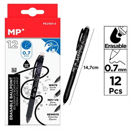 MP Bolígrafos borrables negros de tinta XXL, 12 unidades