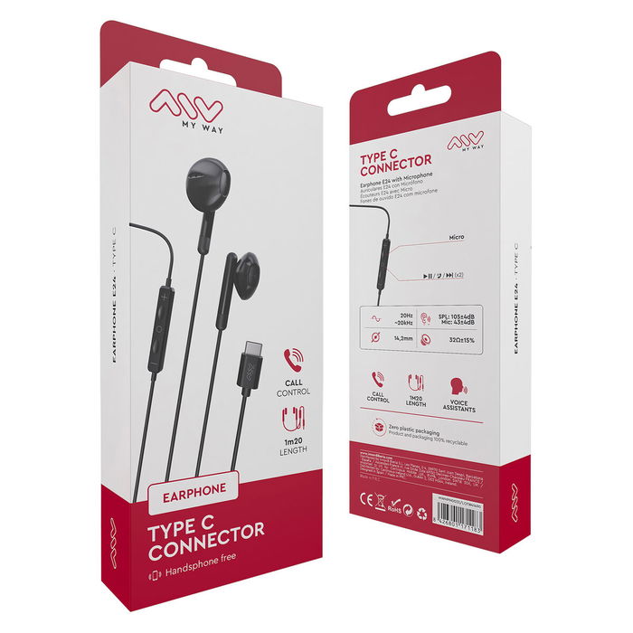 myway auriculares estéreo tipo C con micrófono negro